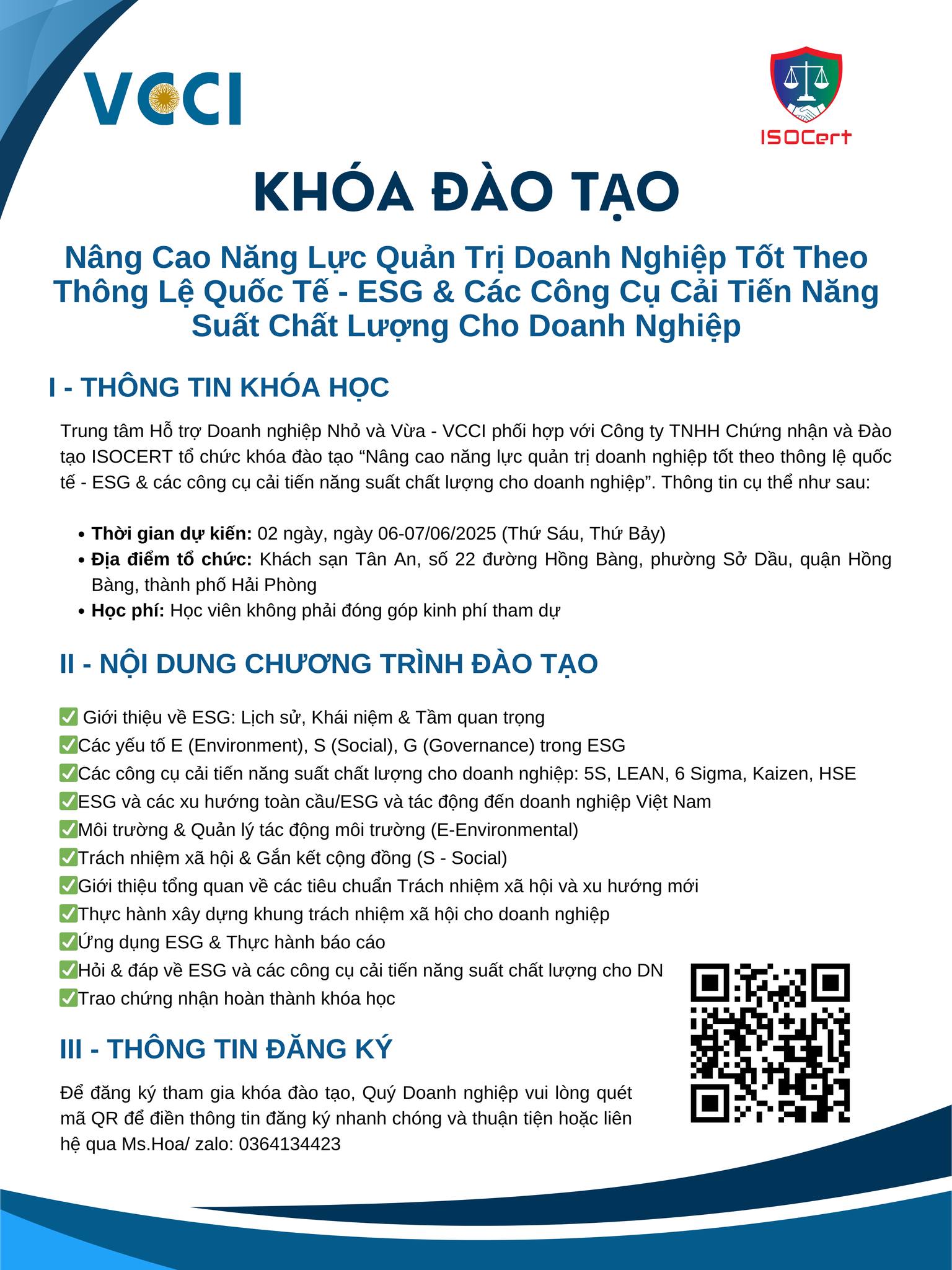 KHÓA ĐÀO TẠO: NÂNG CAO NĂNG LỰC QUẢN TRỊ THEO ESG & CÔNG CỤ CẢI TIẾN NĂNG SUẤT – CHẤT LƯỢNG